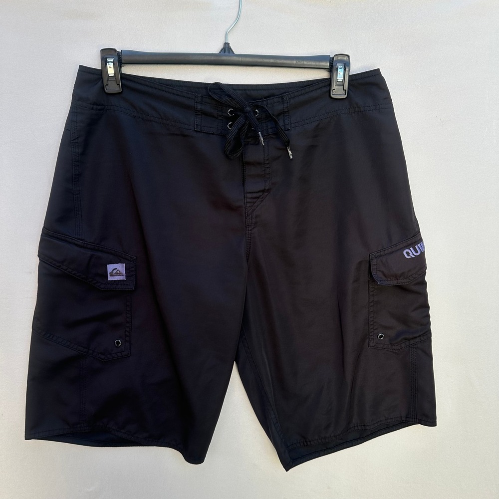 Y2K Surf Quiksilver Mens Board Shorts Large Black Cargo Swim Trunks Surf